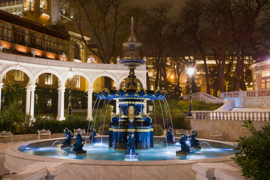 The old fountain in the former Governor's park (Vahid's Park) in night illumination. Baku, Azerbaijan