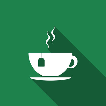 Cup with tea bag icon isolated with long shadow. Flat design. Vector Illustration