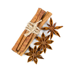 Cinnamon and star anise isolated on white background.