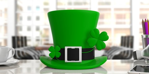 St Patricks Day leprechaun hat with four leaf clover on office blur background. 3d illustration
