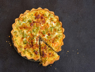 French quiche with salmon and broccoli