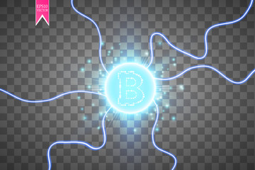 Bitcoin mining, conceptual illustration.. Digital money. Concept design of cryptocurrency. Sign bitcoin on transparent background with generation particles energy. Vector illustration.