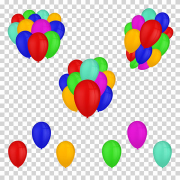 Vector balloons isolated on transparent background. Bunches of colorful air balloons for decoration