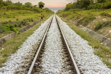 Fototapeta na wymiar railroad tracks made of steel rails along which passenger and freight trains run.