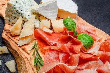 Meat plate of Italian prosciutto crudo or spanish jamon and cheese