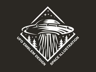 UFO hovered in the sky above the pine forest and emits light - emblem, vector illustration, print, sticker set on a black background. © Alexey Boychenko