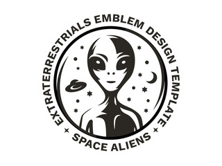 The figure of an alien on the chest in a circle against the background of the starry cosmic sky and flying through the UFO - emblem, vector illustration, print, sticker set on a white background.