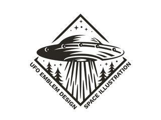 UFO hovered in the sky above the pine forest and emits light - emblem, vector illustration, print, sticker set on a white background.