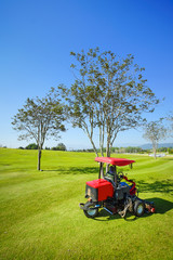 Man working on lawn mower tree, blue sky background