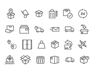 Set of Delivery Related Vector Line Icons. Contains such Icons as Priority Shipping, Express Delivery, Tracking Order and more. Editable Stroke. 48x48 Pixel Perfect.