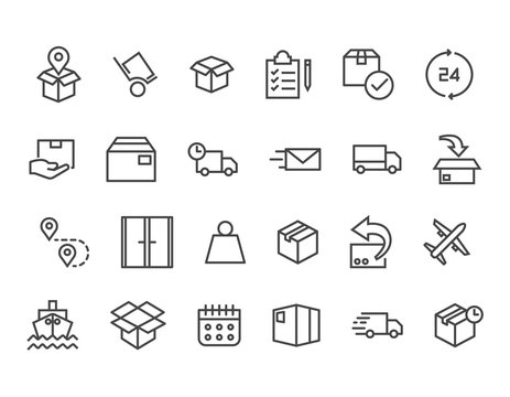 Set of Delivery Related Vector Line Icons. Contains such Icons as Priority Shipping, Express Delivery, Tracking Order and more. Editable Stroke. 48x48 Pixel Perfect.