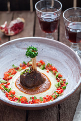 Lamb casserole with eggplant puree with fresh vegs