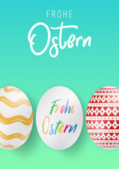 Bunte Ostereier. Frohe Ostern. Modern Easter background with colorful eggs and gold hanging. Template Easter greeting card, vector.