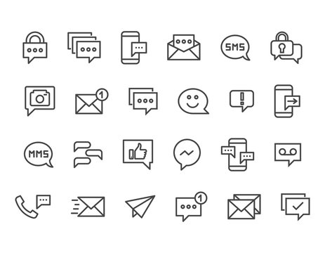 Set of Message Related Vector Line Icons. Contains such Icons as Conversation, SMS, Notification, Group Chat and more. Editable Stroke. 48x48 Pixel Perfect.