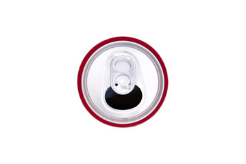 Opened red can of soda, top view