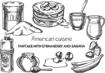 American cuisine / Creative conceptual vector. Sketch hand drawn american food recipe illustration, engraving, ink, line art, vector.
