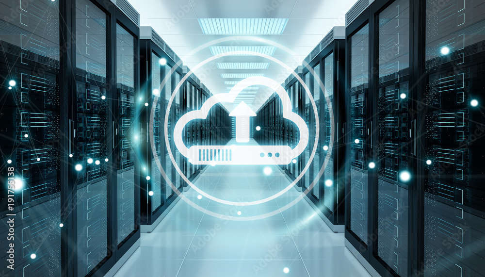 Aufkleber Cloud icon downloading datas in server room center 3D rendering