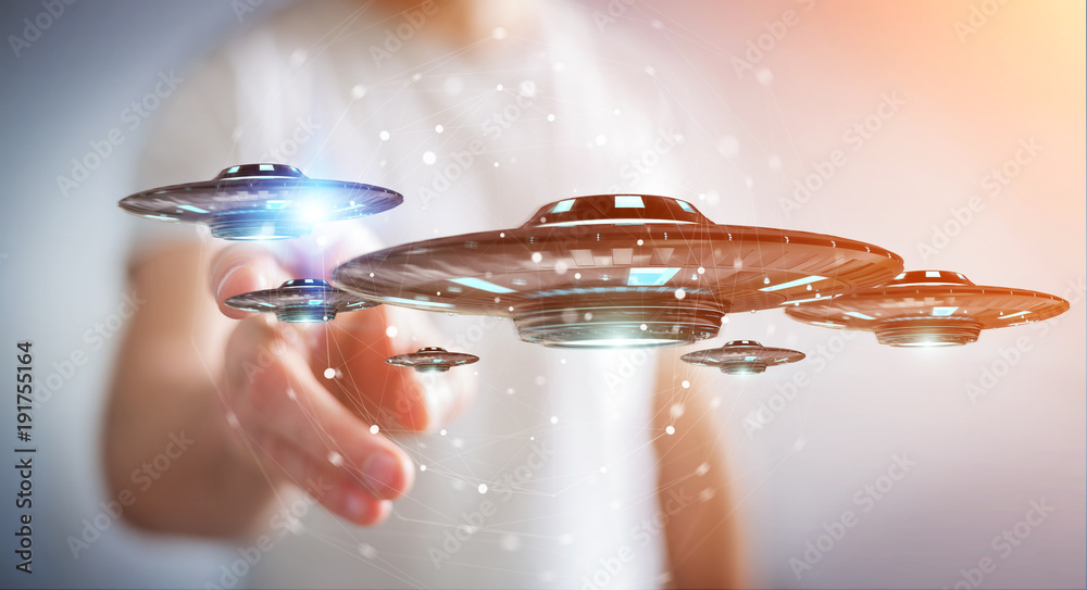 Poster businessman with retro ufo spaceship 3d rendering