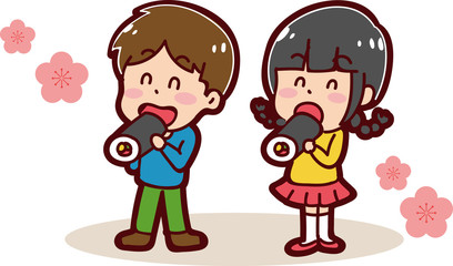 恵方巻きを食べる子供のイラスト（男の子と女の子）