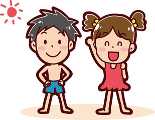 夏休みのイメージイラスト（水着の男の子と女の子）