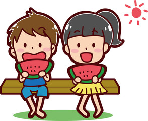 夏休みのイメージイラスト（スイカを食べる男の子と女の子）