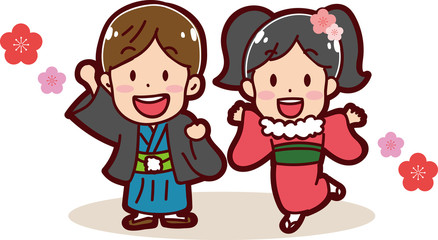 晴れ着を着る男の子と女の子のイラスト