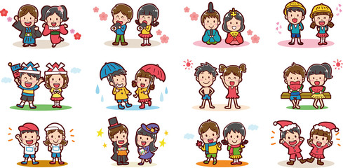 男の子と女の子の季節イラストセット
