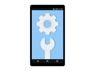 Wrench and Gear icon on smartphone screen. Fix, maintenance, mobile phone repair service concept for web banner, web site, info graphics. Flat design vector illustration