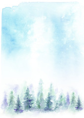 Watercolor abstract blue background with a forest landscape. Blue Firs