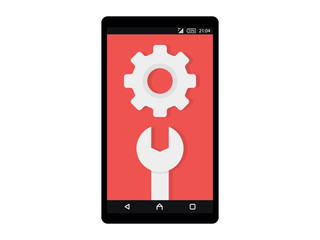 Wrench and Gear icon on smartphone screen. Fix, maintenance, mobile phone repair service concept for web banner, web site, info graphics. Flat design vector illustration