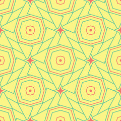Seamless background with geometric shaped elements. Bright yellow background with pink and green design