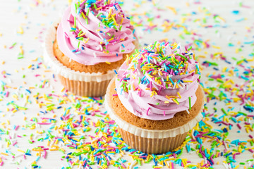 Closeup of cupcakes with vanilla, berries, pink and white cream, chocolate and sprinkles on wooden background. Selective focus. Sweet dessert tasty food concept muffin.