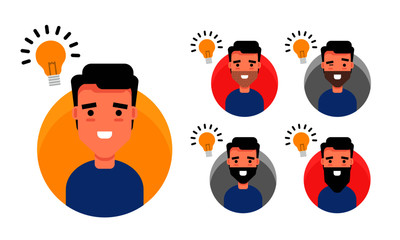 Guy with Getting Idea Bulb on His Head in Flat Style Design