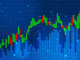 candle graph with bar chart on blue background
