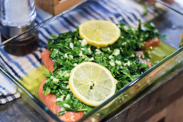 Delicious raw salmon being prepared