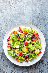 Fresh vegetable Salad of cucumber, celery, sweet pepper, frize lettuce, red onion and sesame seeds with olive oil. Healthy vegetarian, vegan food