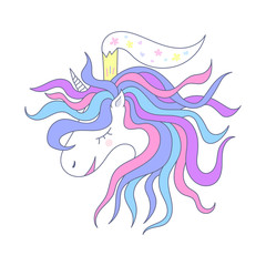 Bright illustration with a unicorn. Cute princess with a crown. For print, baby clothes, t shirt.