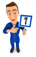 3d mechanic holding breakdown service road sign