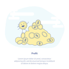 Flat line icon concept of Profit, Money Deposit, Money Growth. Happy cute Coin rises to the money mountain. E-Commerce template. Isolated vector illustration.