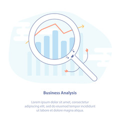 Cute flat line icon concept of Business Analytics, Data analysis or Statistics. Emotional Magnifying glass and Growing chart or Graph. Business Isolated vector for background.