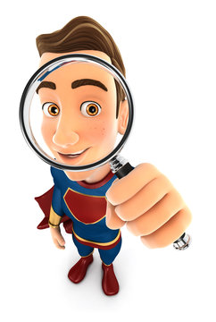 3d superhero looking into a magnifying glass