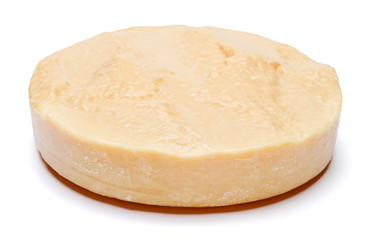 Whole round Head of parmesan or parmigiano hard cheese on white background