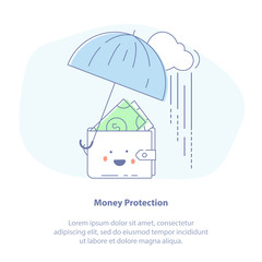 Flat Line Icon Concept of Money Preservation and Protection. Pleased wallet with money under a blue umbrella. Isolated Vector Illustration.