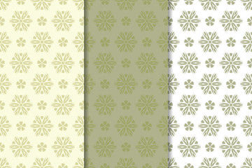 Set of olive green floral backgrounds. Seamless patterns