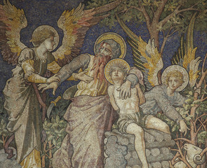 Abraham and his son Isaac (sacrifice). Mosaic. - obrazy, fototapety, plakaty