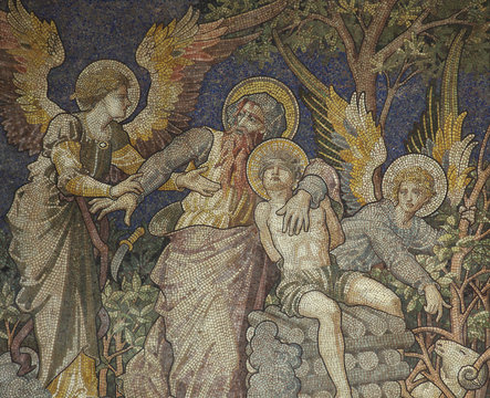 Abraham and his son Isaac (sacrifice). Mosaic.