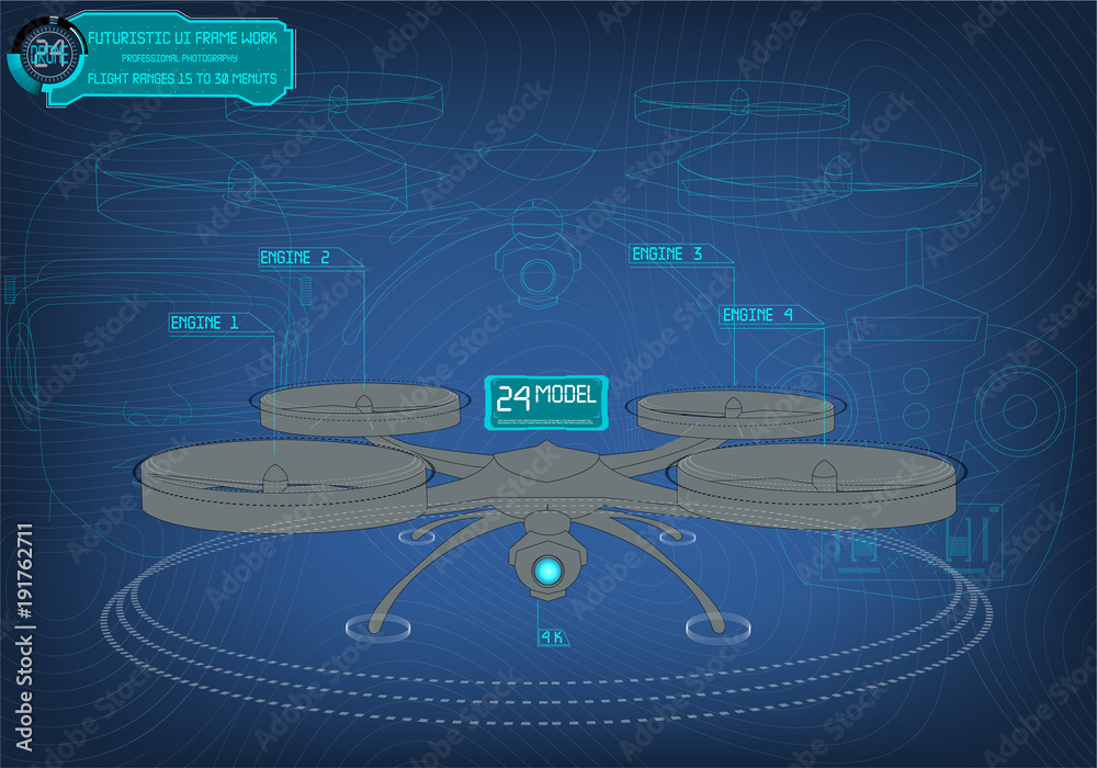 Poster futuristic background with quadrocopter and interface hud. vector illustration drone.