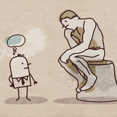 Fototapeta na wymiar Cartoon Man Watching the Rodin's Thinker