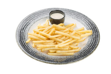 French fries plate with sauce in a plate. Isolated on a white background.