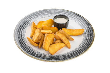 French fries plate with sauce in a plate. Isolated on a white background.